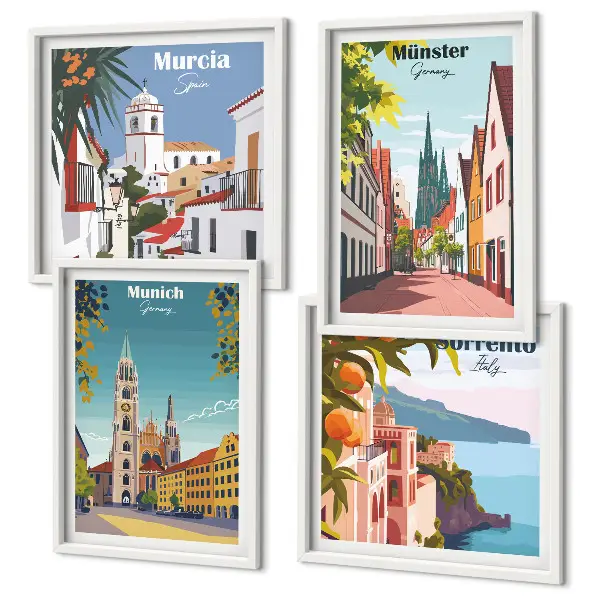 Compoziție de tablouri pentru perete cu ilustrații color ale orașelor europene
