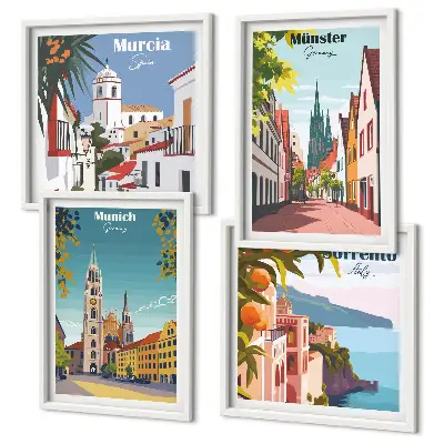 Compoziție de tablouri pentru perete cu ilustrații color ale orașelor europene