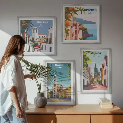 Compoziție de tablouri pentru perete cu ilustrații color ale orașelor europene