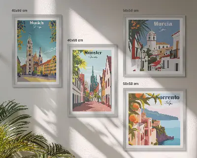 Compoziție de tablouri pentru perete cu ilustrații color ale orașelor europene
