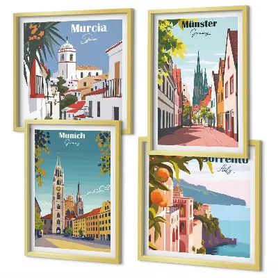 Compoziție de tablouri pentru perete cu ilustrații color ale orașelor europene