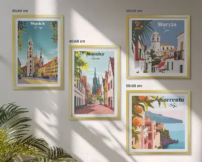 Compoziție de tablouri pentru perete cu ilustrații color ale orașelor europene