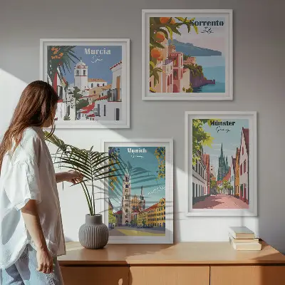 Compoziție de tablouri pentru perete cu ilustrații color ale orașelor europene