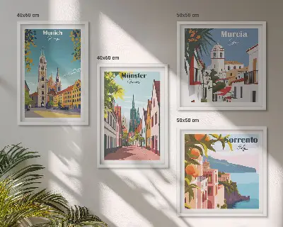 Compoziție de tablouri pentru perete cu ilustrații color ale orașelor europene
