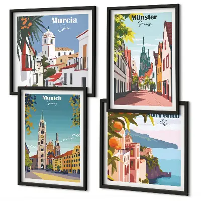 Compoziție de tablouri pentru perete cu ilustrații color ale orașelor europene