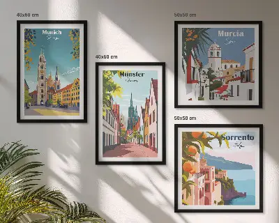 Compoziție de tablouri pentru perete cu ilustrații color ale orașelor europene