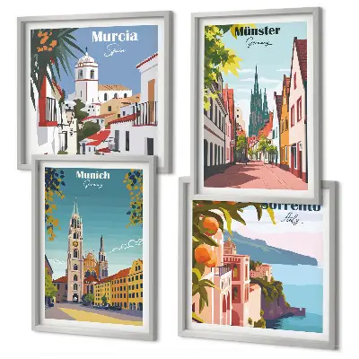 Compoziție de tablouri pentru perete cu ilustrații color ale orașelor europene