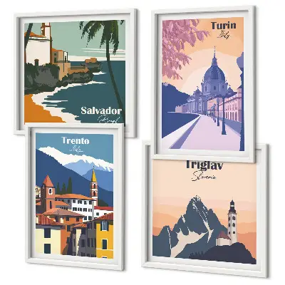 Compoziție de tablouri pentru perete cu ilustrații retro de arhitectură a munților