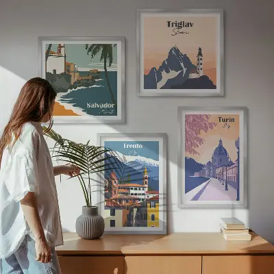 Compoziție de tablouri pentru perete cu ilustrații retro de arhitectură a munților