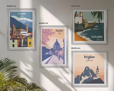 Compoziție de tablouri pentru perete cu ilustrații retro de arhitectură a munților
