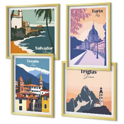 Compoziție de tablouri pentru perete cu ilustrații retro de arhitectură a munților