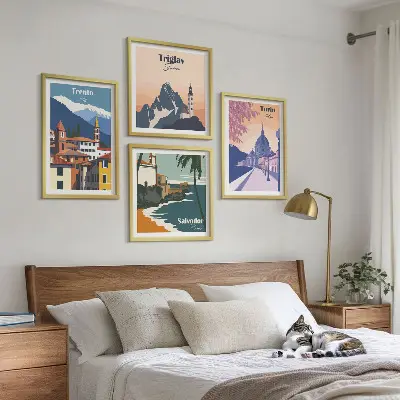 Compoziție de tablouri pentru perete cu ilustrații retro de arhitectură a munților