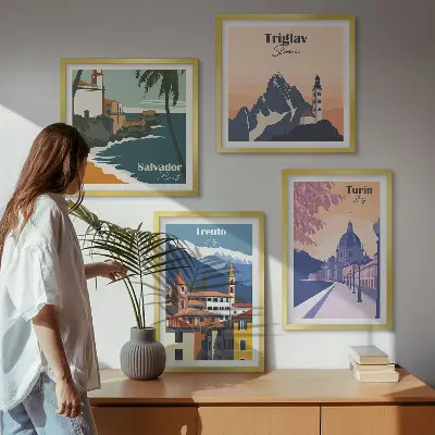 Compoziție de tablouri pentru perete cu ilustrații retro de arhitectură a munților