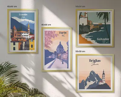 Compoziție de tablouri pentru perete cu ilustrații retro de arhitectură a munților