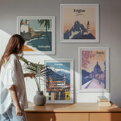 Compoziție de tablouri pentru perete cu ilustrații retro de arhitectură a munților