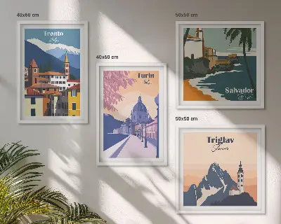 Compoziție de tablouri pentru perete cu ilustrații retro de arhitectură a munților