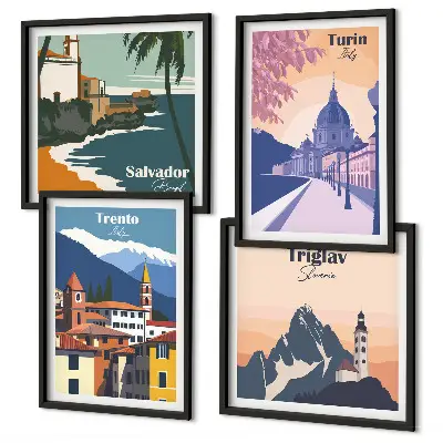 Compoziție de tablouri pentru perete cu ilustrații retro de arhitectură a munților