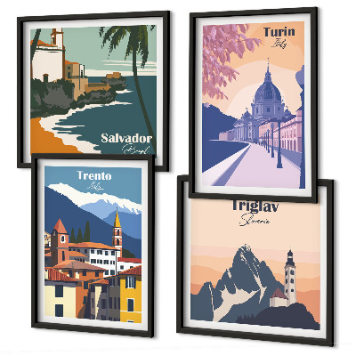 Compoziție de tablouri pentru perete Ilustrații retro de arhitectură a munților