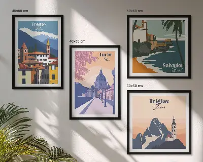 Compoziție de tablouri pentru perete cu ilustrații retro de arhitectură a munților