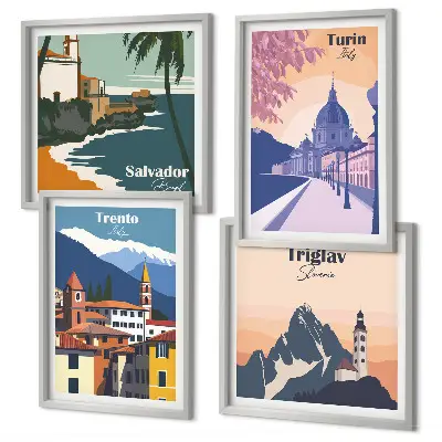 Compoziție de tablouri pentru perete cu ilustrații retro de arhitectură a munților