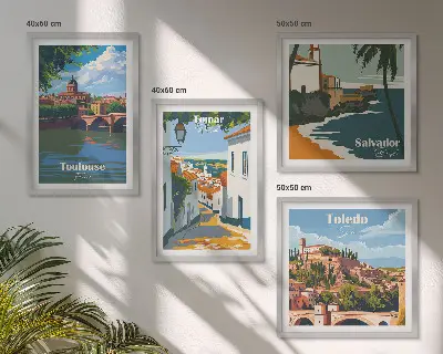 Set de tablouri gata de agățat cu grafică retro a orașului