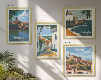 Set de tablouri gata de agățat cu grafică retro a orașului
