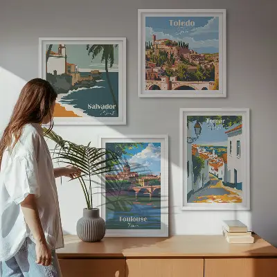 Set de tablouri gata de agățat cu grafică retro a orașului