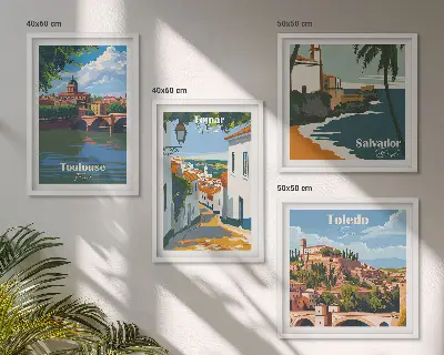 Set de tablouri gata de agățat cu grafică retro a orașului
