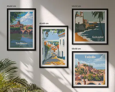Set de tablouri gata de agățat cu grafică retro a orașului