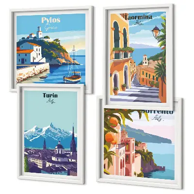 Compoziție de tablouri pentru perete cu ilustrații colorate ale orașelor în stil retro