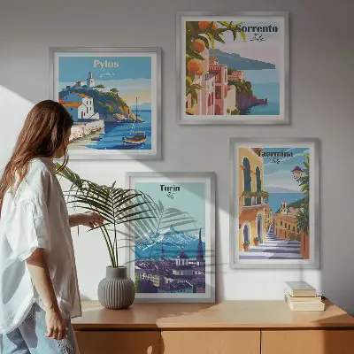 Compoziție de tablouri pentru perete cu ilustrații colorate ale orașelor în stil retro