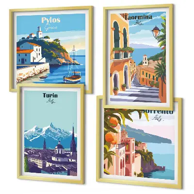 Compoziție de tablouri pentru perete cu ilustrații colorate ale orașelor în stil retro