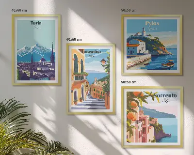 Compoziție de tablouri pentru perete cu ilustrații colorate ale orașelor în stil retro