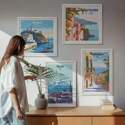 Compoziție de tablouri pentru perete cu ilustrații colorate ale orașelor în stil retro