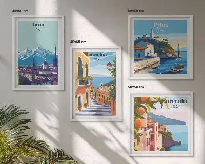 Compoziție de tablouri pentru perete cu ilustrații colorate ale orașelor în stil retro