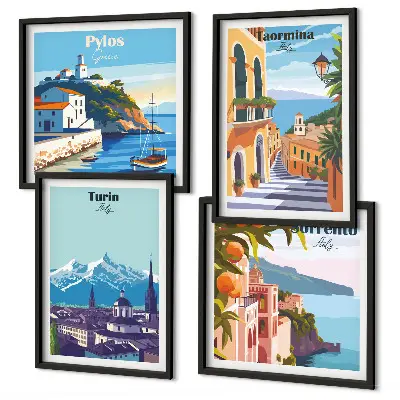 Compoziție de tablouri pentru perete cu ilustrații colorate ale orașelor în stil retro