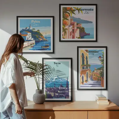 Compoziție de tablouri pentru perete cu ilustrații colorate ale orașelor în stil retro