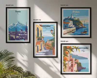 Compoziție de tablouri pentru perete cu ilustrații colorate ale orașelor în stil retro
