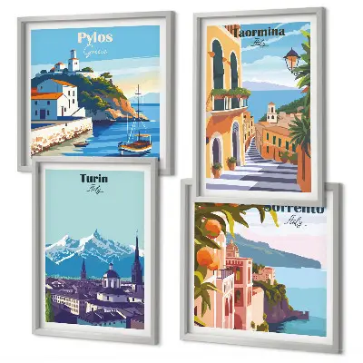 Compoziție de tablouri pentru perete cu ilustrații colorate ale orașelor în stil retro