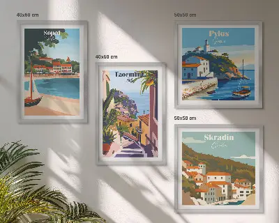 Compoziție de tablouri pentru perete cu ilustrații ale orașelor de la malul mării