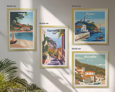 Compoziție de tablouri pentru perete cu ilustrații ale orașelor de la malul mării