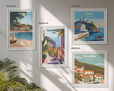 Compoziție de tablouri pentru perete cu ilustrații ale orașelor de la malul mării