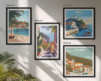 Compoziție de tablouri pentru perete cu ilustrații ale orașelor de la malul mării