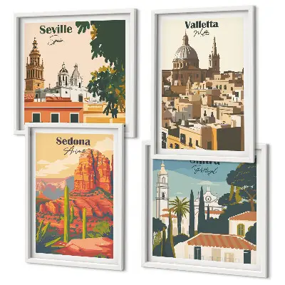 Set de tablouri gata de agățat cu peisaje urbane retro din Sedona și Sintra