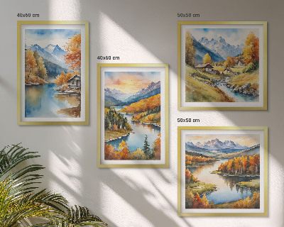 Compoziție de tablouri pentru perete Cabana de râu din munți de toamnă