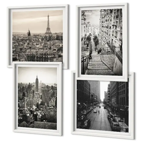 Compoziție de tablouri pentru perete cu vederi din Paris și New York cu scări