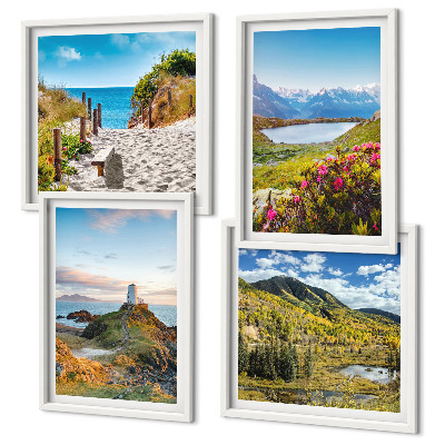 Compoziție de tablouri pentru perete Plajă, far, munți, pajiști, flori