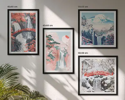 Compoziție de tablouri pentru perete cu tematică de cascade, poduri, copaci și anotimpuri
