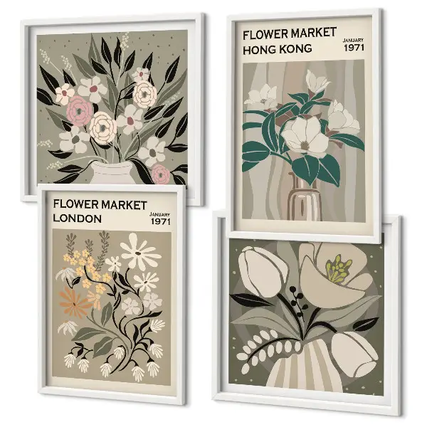 Set de tablouri decorative ilustrații florale cu Londra și Hong Kong gata de agățat