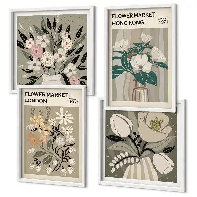 Set de tablouri decorative ilustrații florale cu Londra și Hong Kong gata de agățat